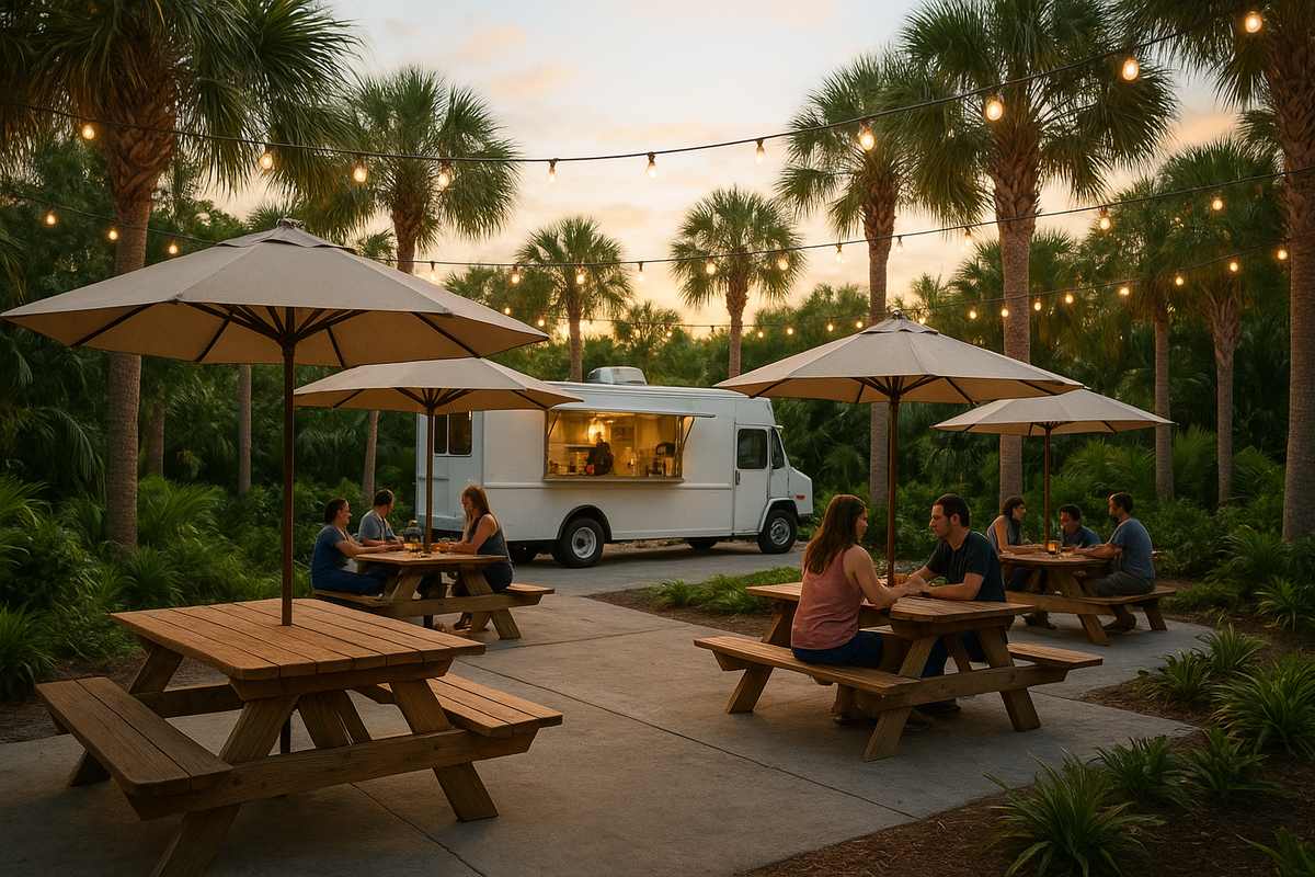 Outdoor picnic table seating at the Pete's Eats food truck park in St. Petersburg, FL
