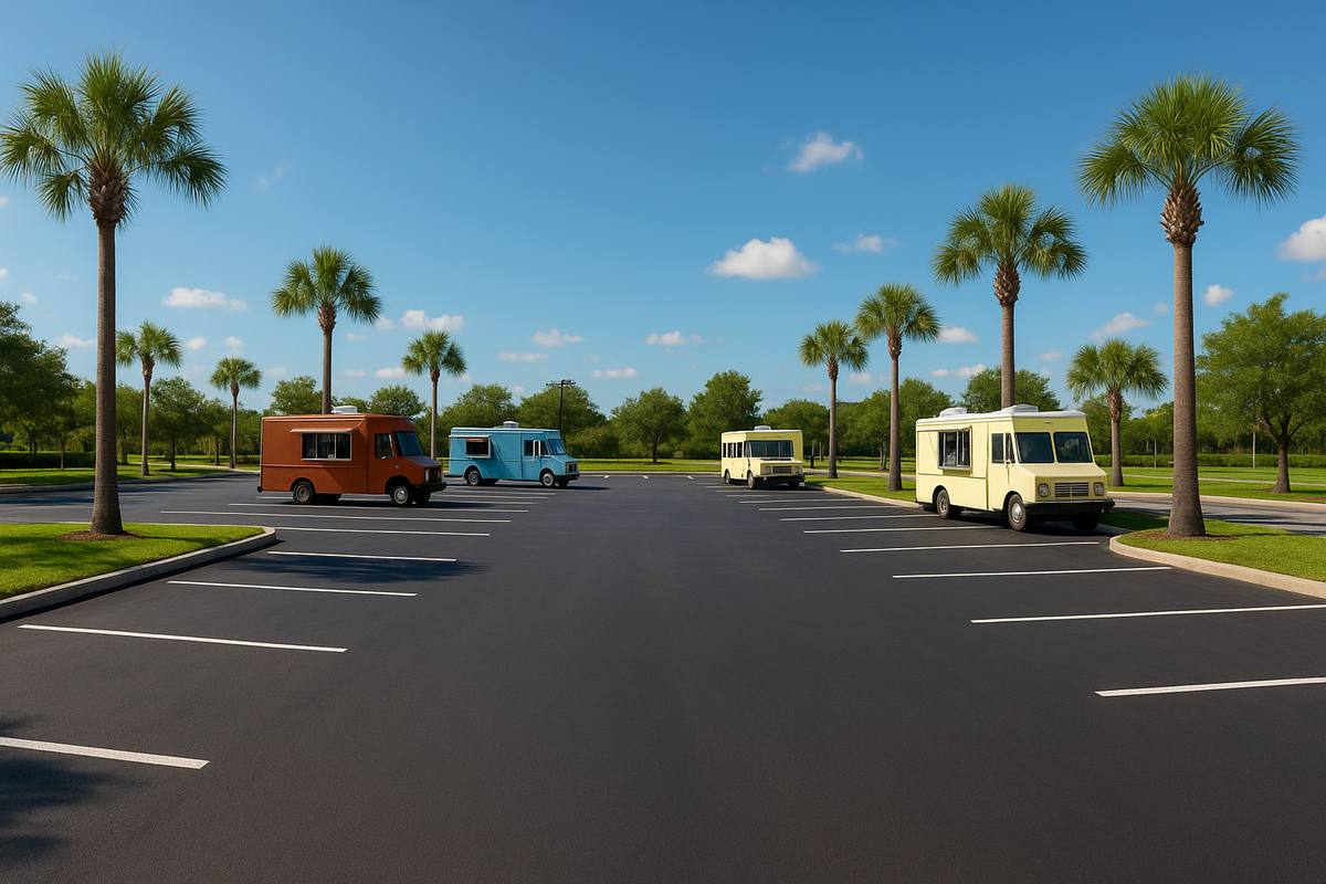 Spacious food truck lot at Pete's Eats Pinellas with marked parking spots for vendors